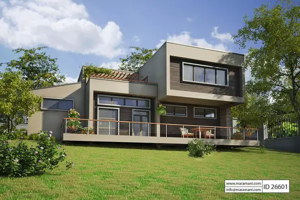 A modern home design with a 3D rendering on a hill.