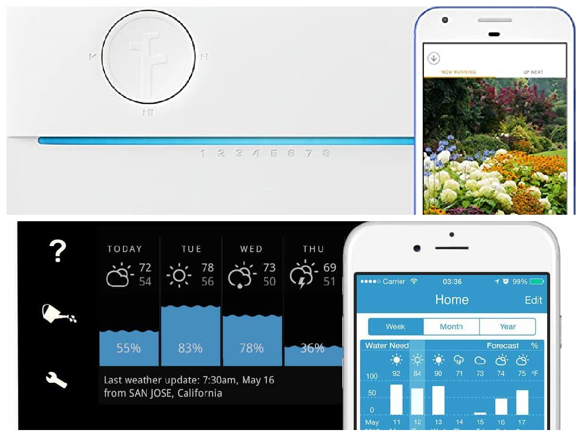 A picture of a smart phone and a smart thermostat along with tips on choosing a sprinkler controller for gardening.