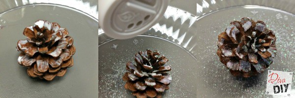 Three pictures of pine cones arranged on a plate.