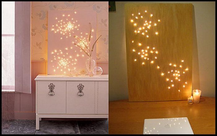 Two pictures of a bedroom wall with string lights on it.