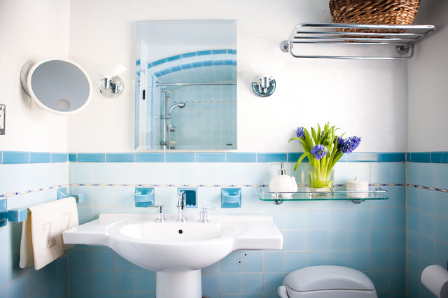 A bathroom with blue and white tile for inspiring ideas in bathroom décor.
