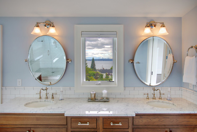 A bathroom with two sinks and two mirrors, perfect for exploring bathroom mirror ideas.