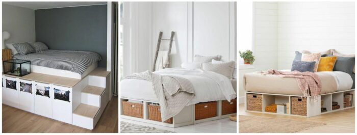 Four pictures demonstrating creative ways to get more storage by utilizing a bed with under-bed storage.