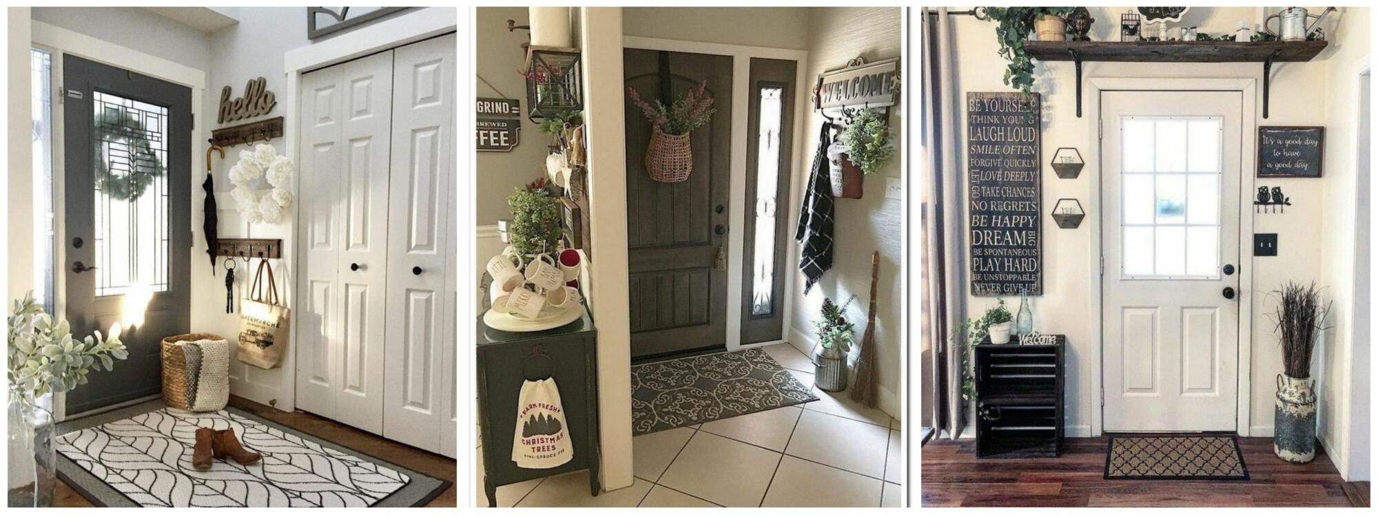 A collection of pictures of a front door decorated with a wreath.