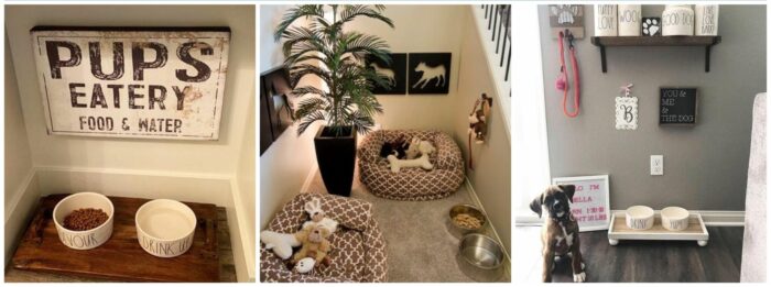 A collage of pictures showcasing a first-time dog owner's room.