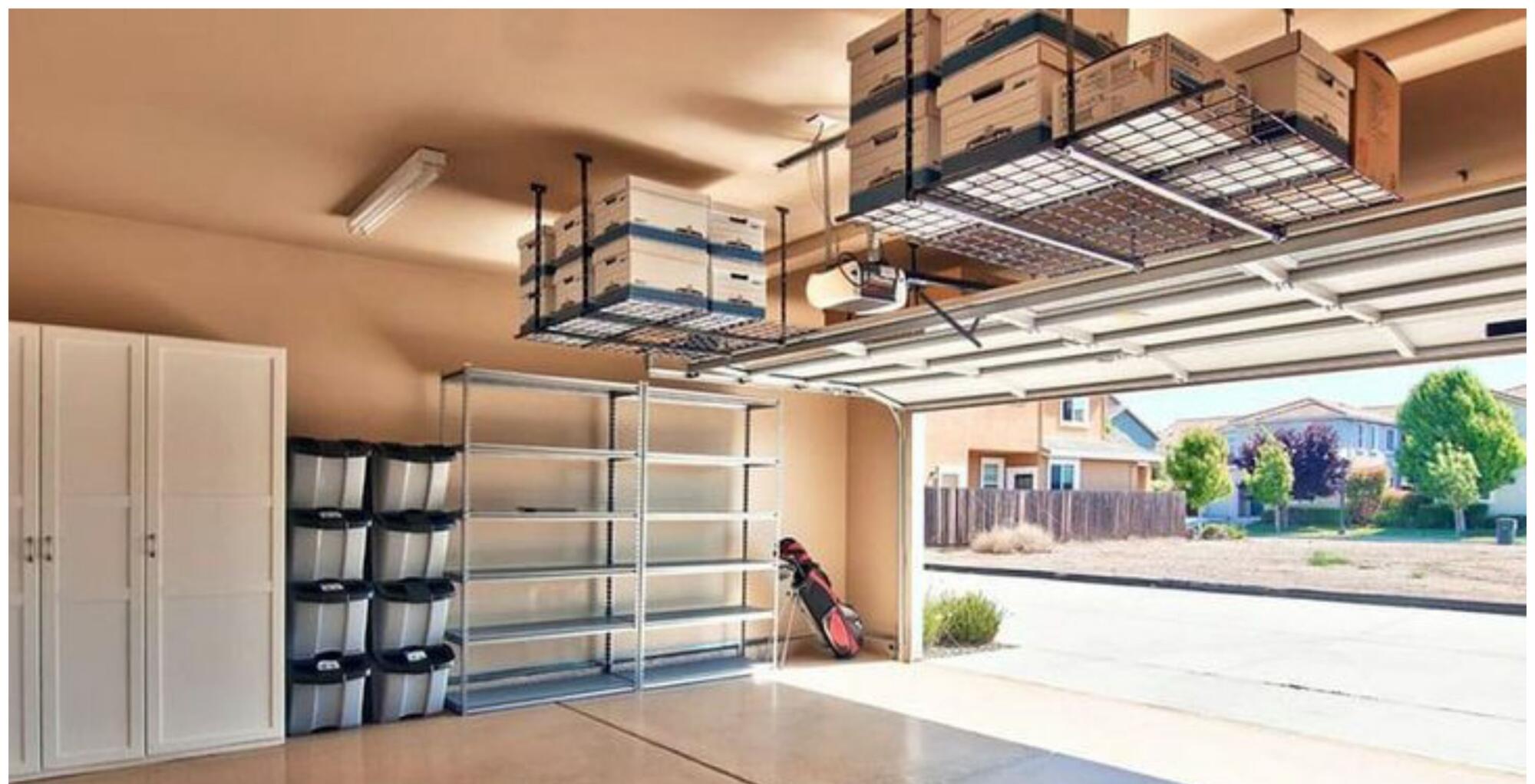 A garage with ample storage space.