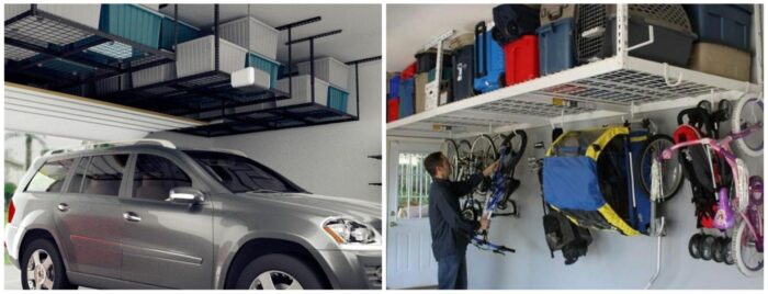 Two pictures of a garage with a car on top of it showcasing alternative storage solutions.