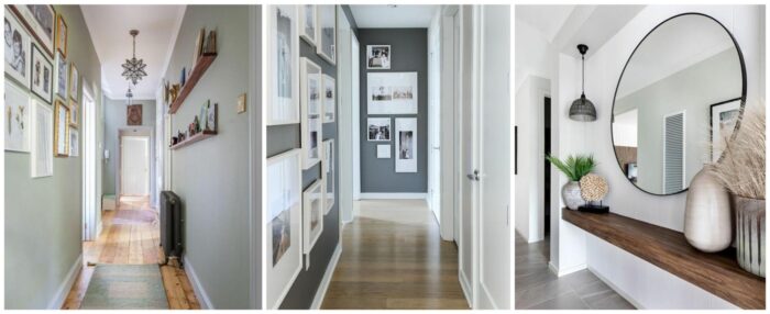 A series of photos showcasing decorating ideas for a hallway with a mirror and pictures.