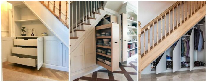 A series of pictures demonstrating various storage options under the stairs, providing ideas on how to maximize storage space.