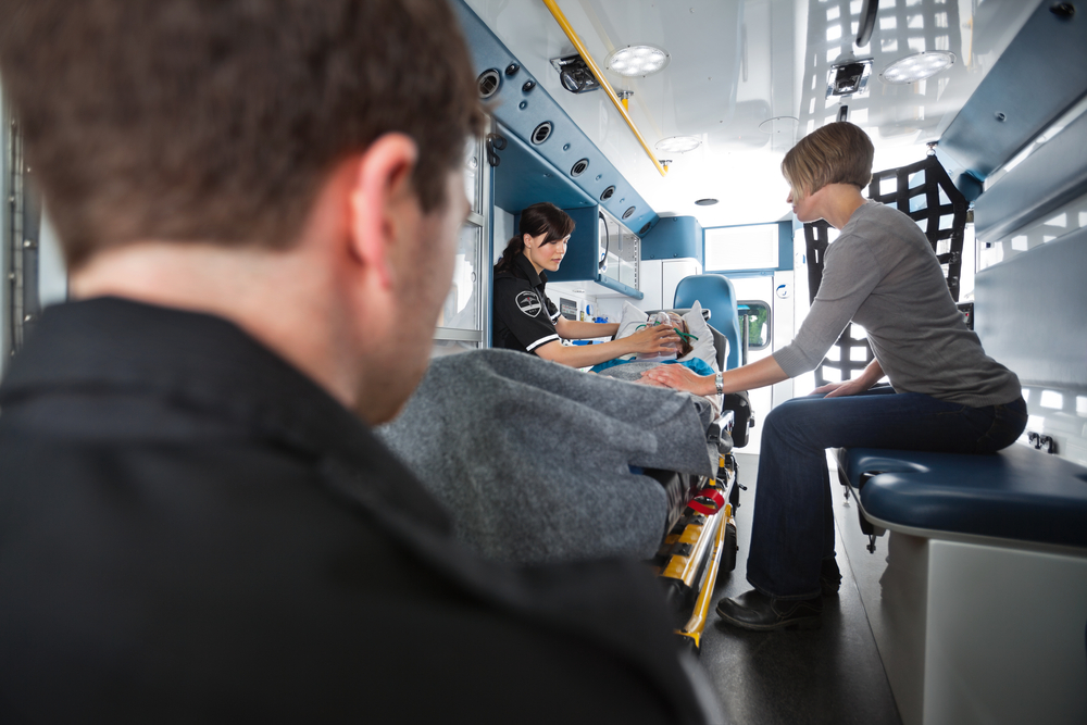 An ambulance transporting a patient.