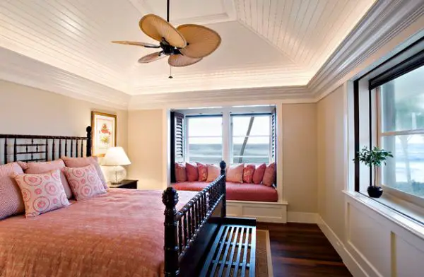 A room with a ceiling fan.