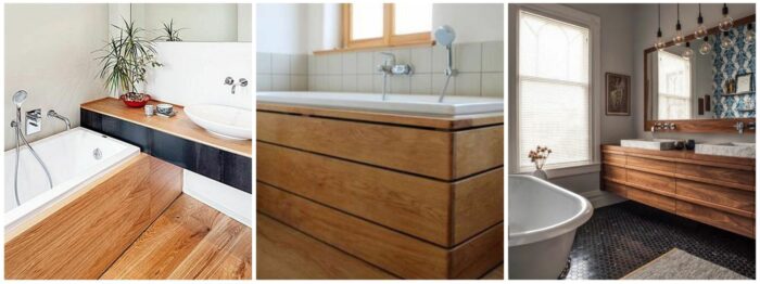 A collection of pictures showcasing wooden cabinets in a bathroom.