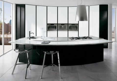 A monochrome kitchen with a center island.