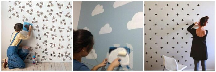 A woman is painting clouds on a wall for creative painting ideas.