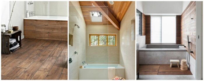 A collage highlighting the wooden details in a bathroom.