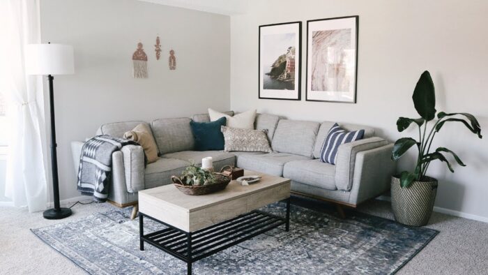 A living room with a gray couch in it.