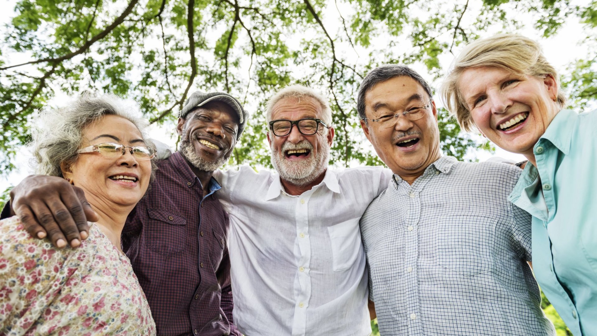 A group of boomers are smiling together in a park.