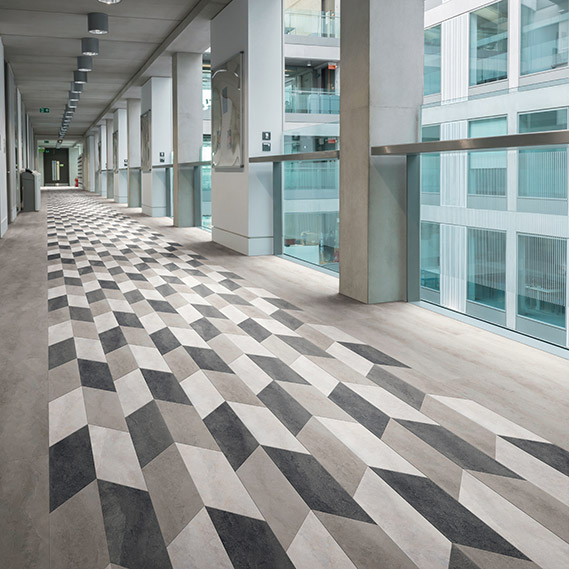 Commercial flooring with a black and white checkered floor.