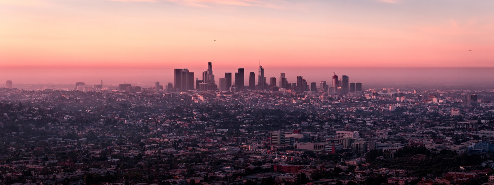 The Los Angeles skyline at sunset.