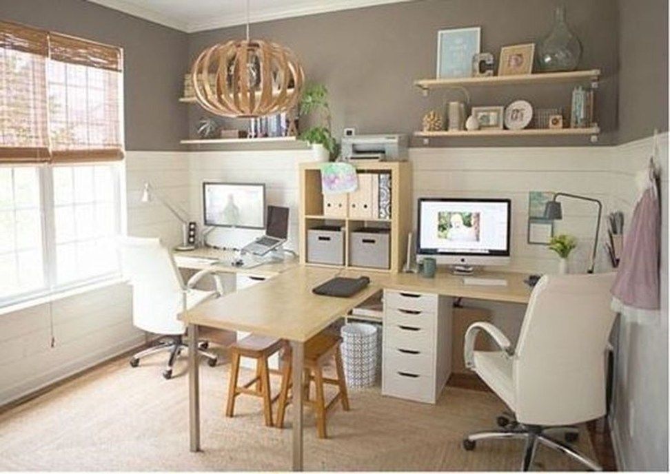 A home office with shelves.