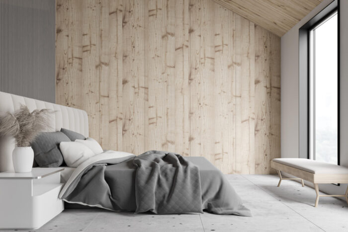 Keywords: Sleep Conducive, Bedroom

Description: A sleep conducive bedroom with wooden walls and a white bed.