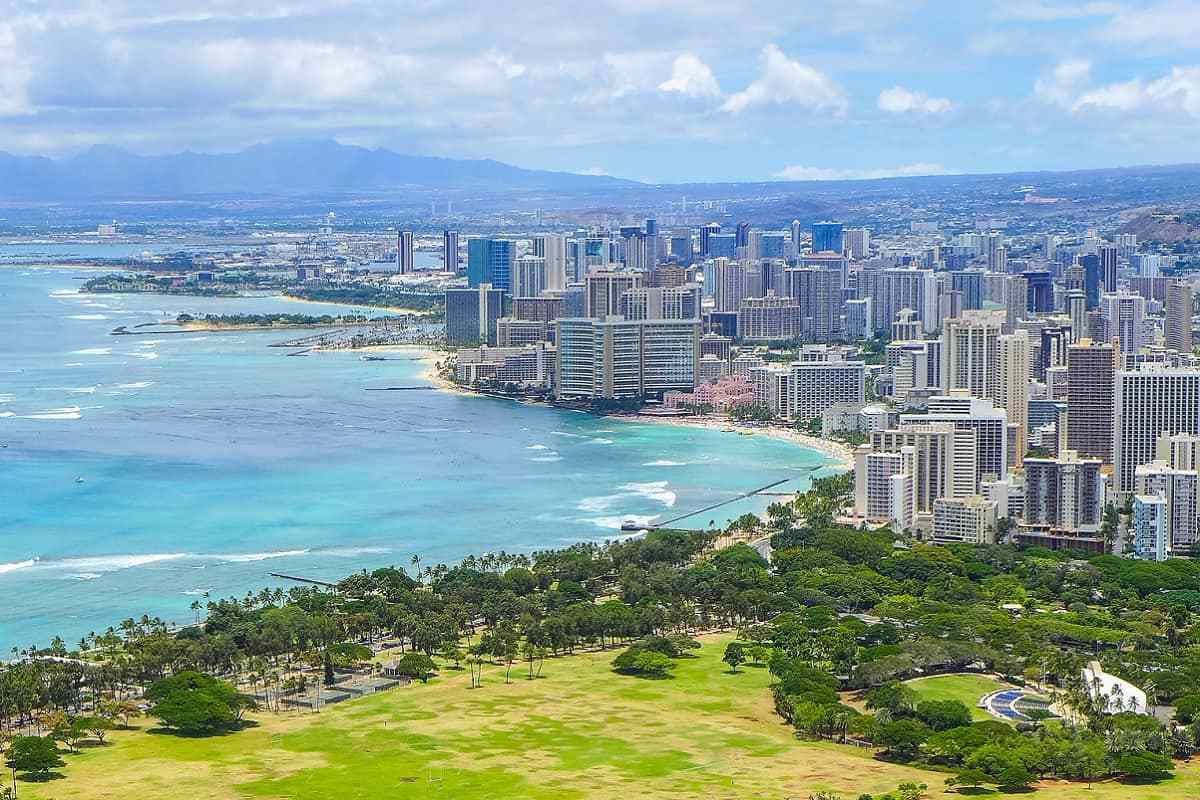 An aerial view of Honolulu in Hawaii, with Mariana Islands.