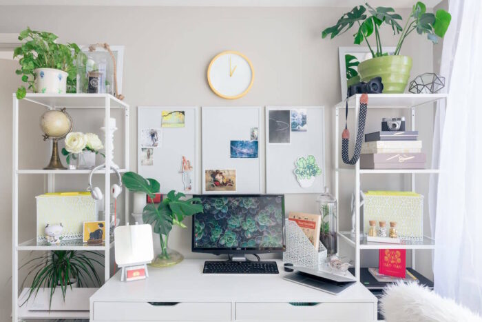 A home office with plants and a desk.
