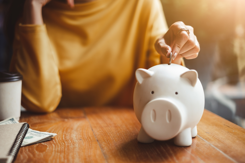 Keywords: money, piggy bank

Modified Description: A woman is saving money in a piggy bank.