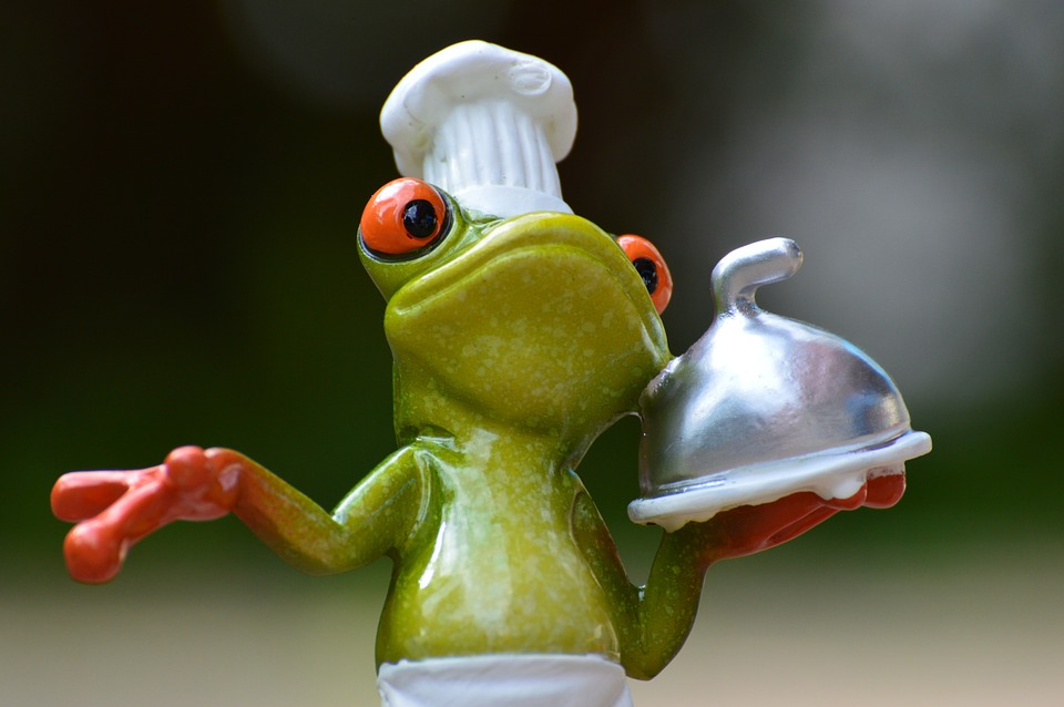 A frog chef showcasing 10 must-have outdoor kitchen accessories on a silver plate.