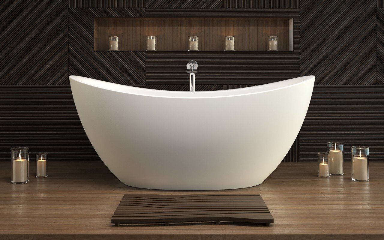 A white bathtub sitting in front of a wooden wall.