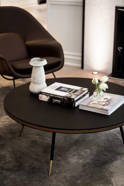 A black coffee table for home decor in a living room.