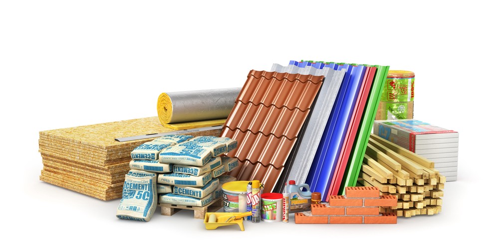 Various construction materials on a white background.