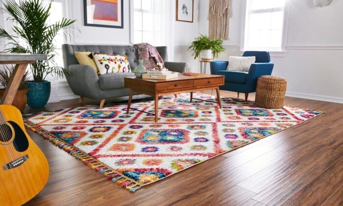 A living room with a vibrant rug and musical instrument.