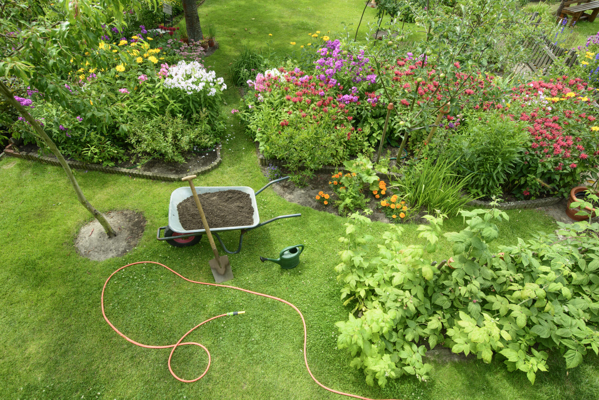 An outdoor space featuring an aerial view of a garden with a wheelbarrow and hose.