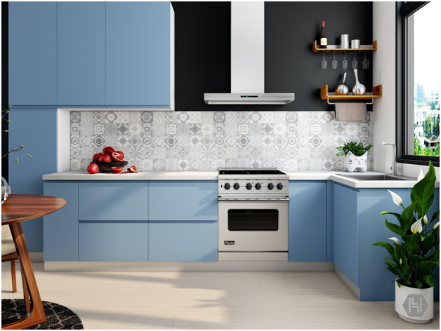 A blue kitchen.