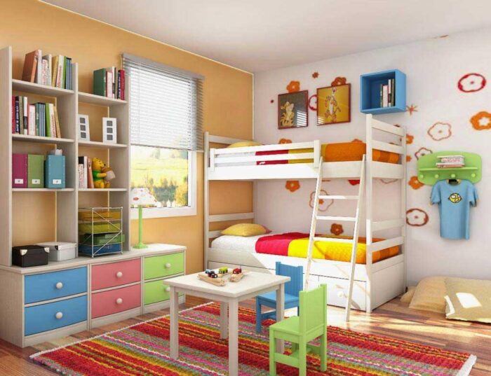 A colorful Kids’ Room with a bunk bed.