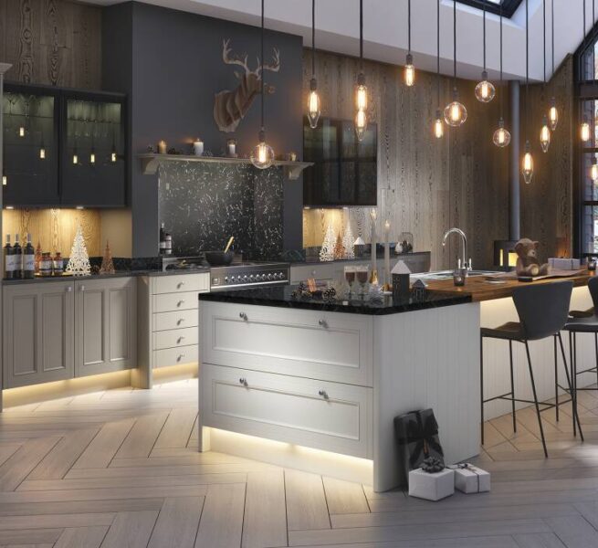 Modern kitchen design with lots of lights and a large island.
