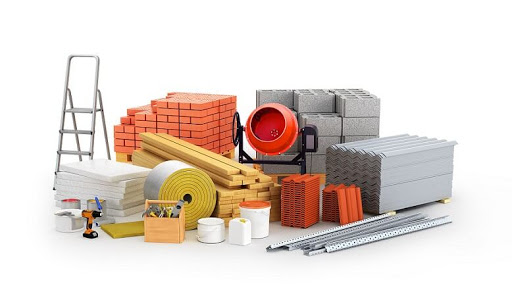 Various construction materials on a white background.