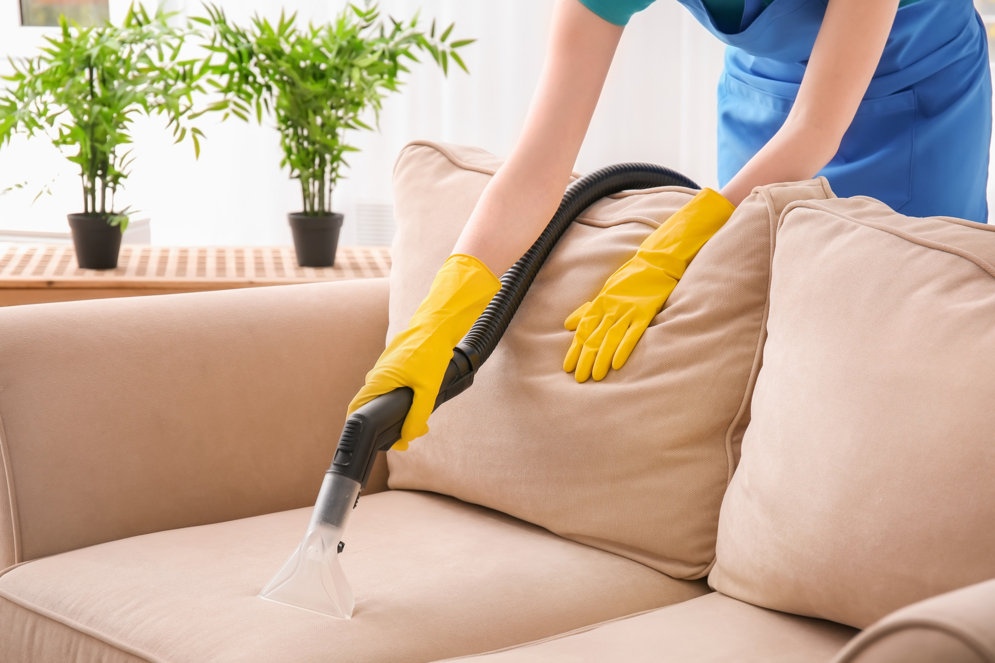 Effective upholstery cleaning tips for a woman using a vacuum to clean a couch.