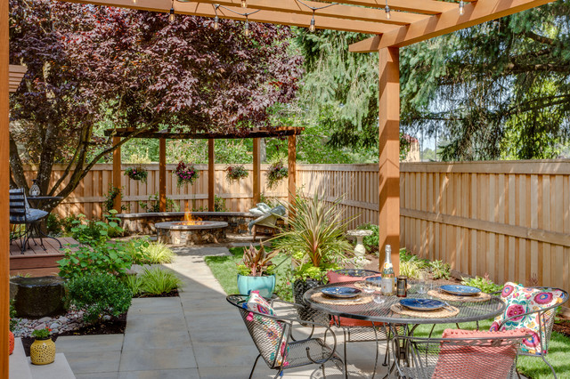 Best outdoor backyard with a wooden pergola and outdoor furniture.