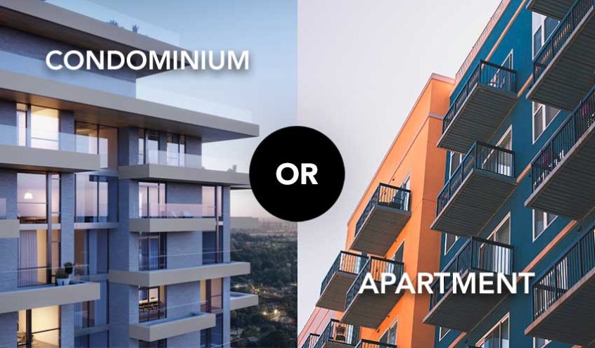 Two pictures showing a building with the words condominium and apartment.