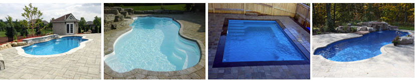 Four different pictures of a fiberglass pool.