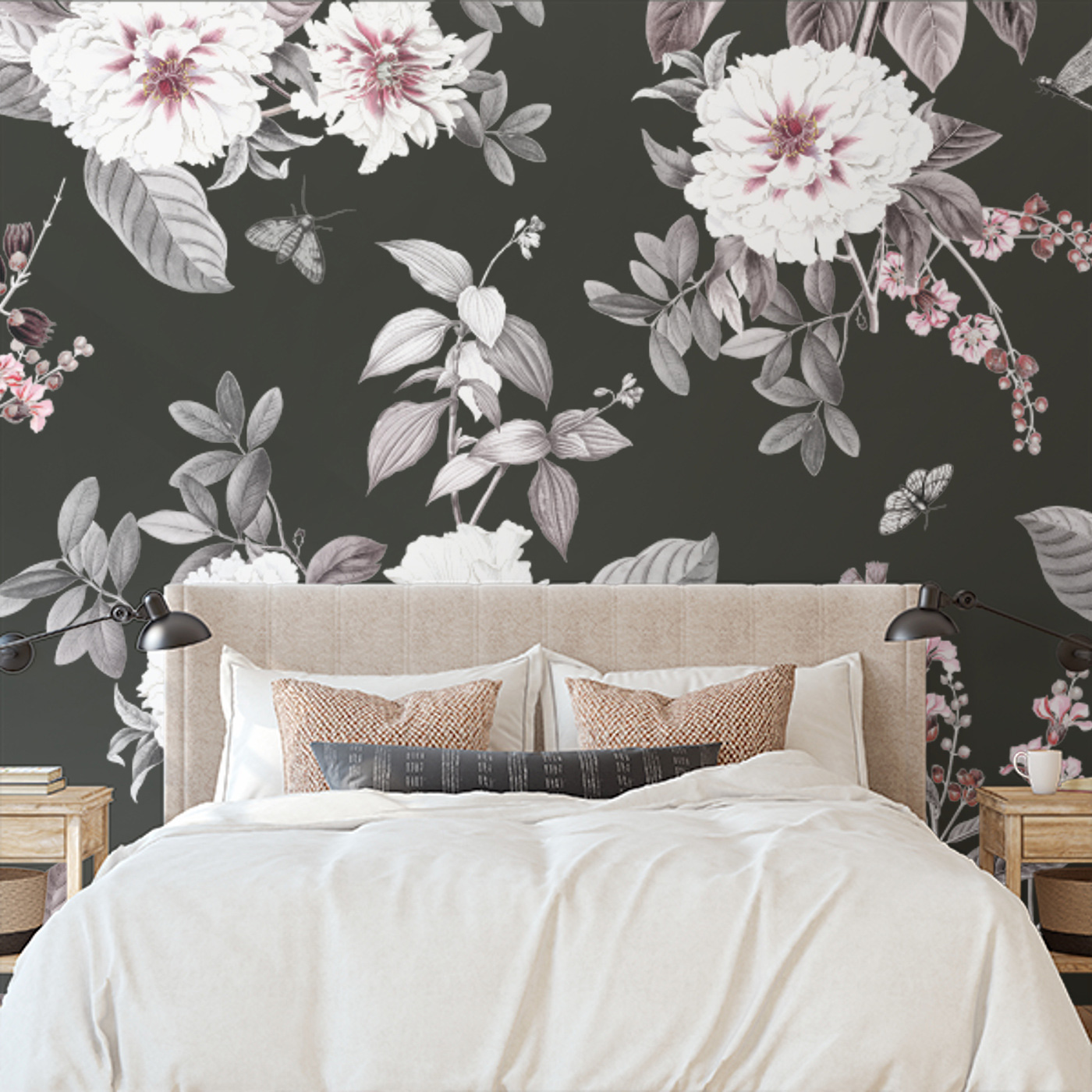 A bedroom with a wallpaper.
