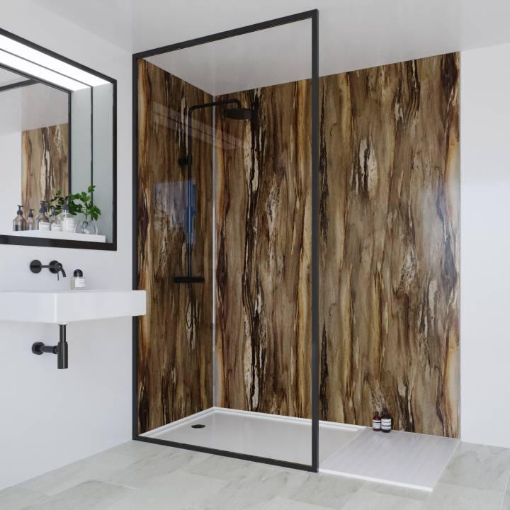 A bathroom with wooden wall panels.