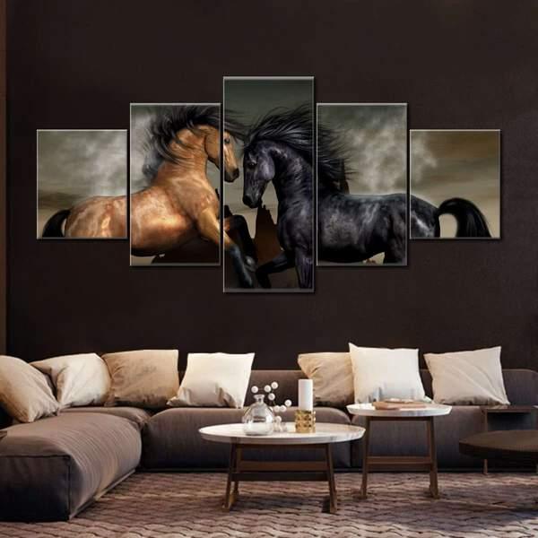 A sustainable living room with two horses running in the background.