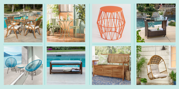 A collection of photos featuring outdoor furniture.