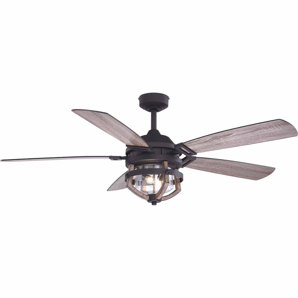 A black ceiling fan with wooden blades.