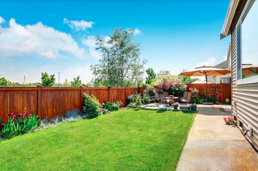 A backyard with a wooden fence and vibrant green grass.