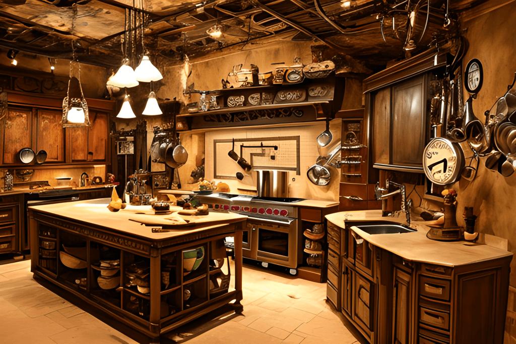 Vintage-style kitchen with wooden cabinets and hanging utensils.