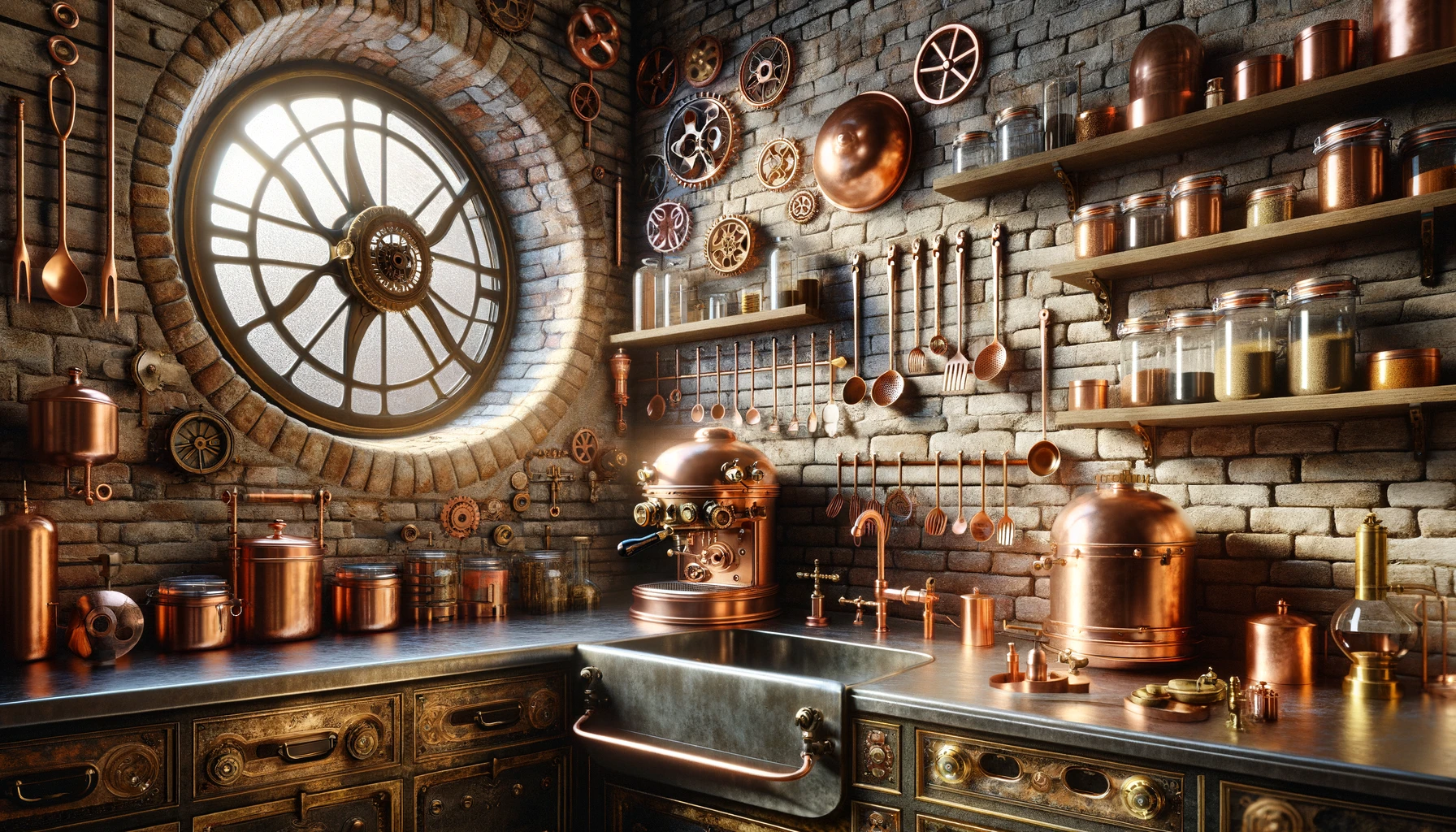 Steampunk-themed kitchen with copper utensils and round window.